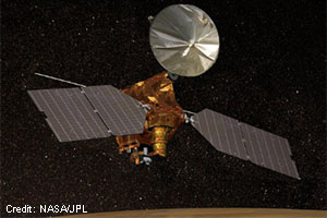 Mars Reconnaissance orbiter circling above Mars